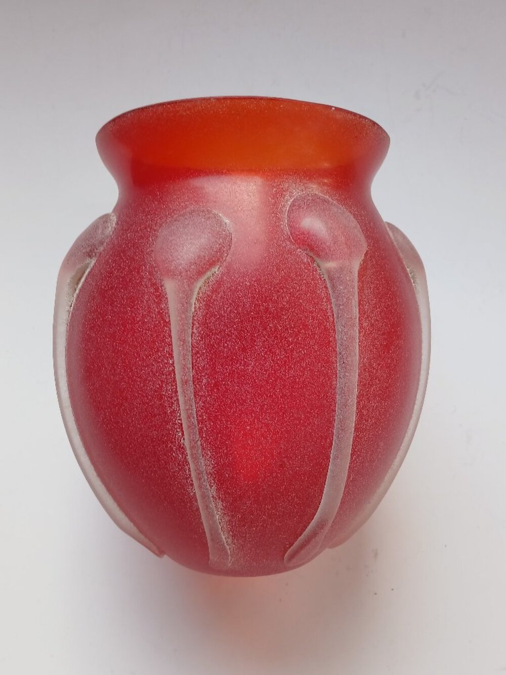 Ball Vase Murano Style Scavo Technique Red Hand Blown